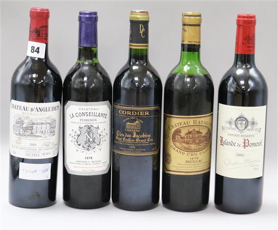 Five assorted Bordeaux wines including Batailley 1975, La Conseillante, 1978 and Clos de Jacobins 1996